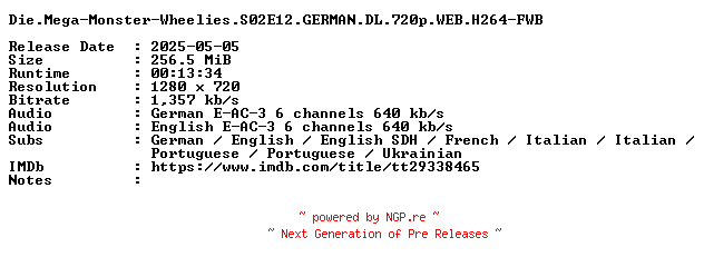 NFO for the release Die.Mega-Monster-Wheelies.S02E12.GERMAN.DL.720p.WEB.H264-FWB by FWB