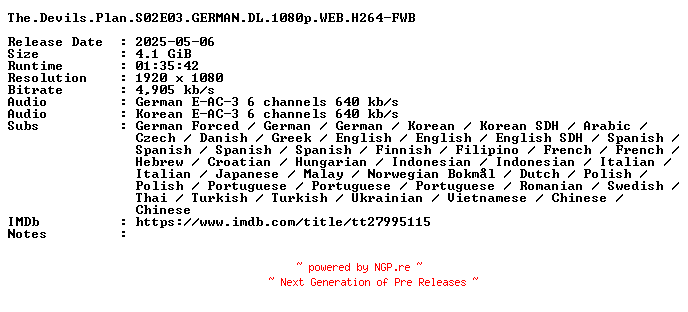NFO for the release The.Devils.Plan.S02E03.GERMAN.DL.1080p.WEB.H264-FWB by FWB