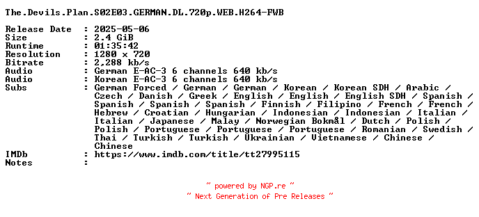 NFO for the release The.Devils.Plan.S02E03.GERMAN.DL.720p.WEB.H264-FWB by FWB