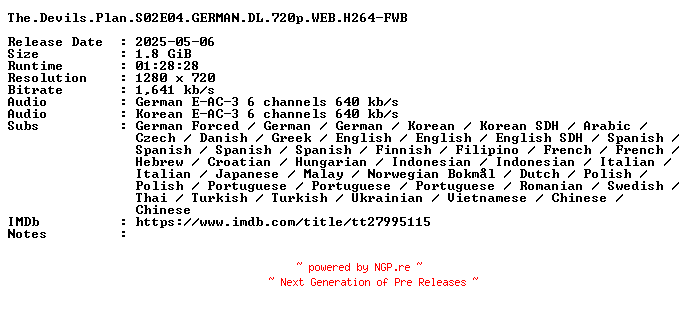 NFO for the release The.Devils.Plan.S02E04.GERMAN.DL.720p.WEB.H264-FWB by FWB