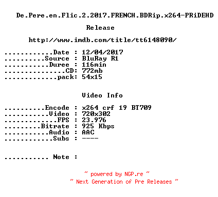 NFO for the release De.Pere.en.Flic.2.2017.FRENCH.BDRip.x264-PRiDEHD by PRiDEHD