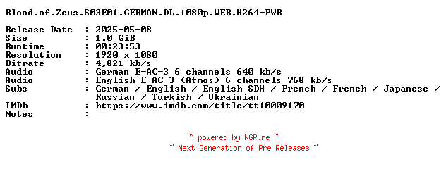 NFO for the release Blood.of.Zeus.S03E01.GERMAN.DL.1080p.WEB.H264-FWB by FWB