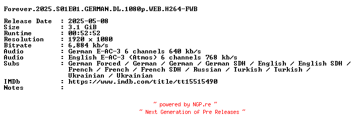 NFO for the release Forever.2025.S01E01.GERMAN.DL.1080p.WEB.H264-FWB by FWB