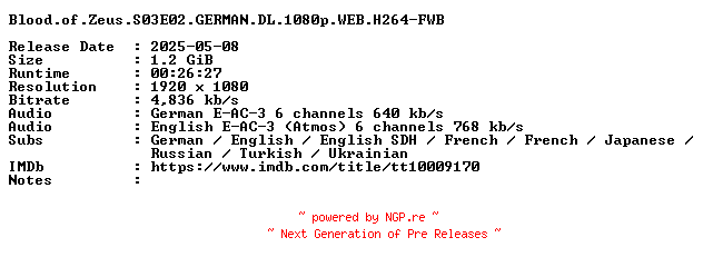 NFO for the release Blood.of.Zeus.S03E02.GERMAN.DL.1080p.WEB.H264-FWB by FWB