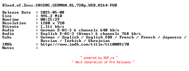 NFO for the release Blood.of.Zeus.S03E05.GERMAN.DL.720p.WEB.H264-FWB by FWB