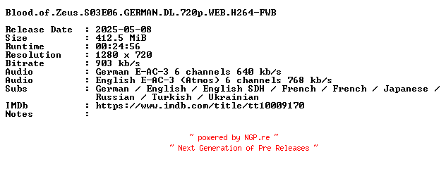 NFO for the release Blood.of.Zeus.S03E06.GERMAN.DL.720p.WEB.H264-FWB by FWB