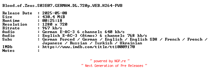 NFO for the release Blood.of.Zeus.S03E07.GERMAN.DL.720p.WEB.H264-FWB by FWB