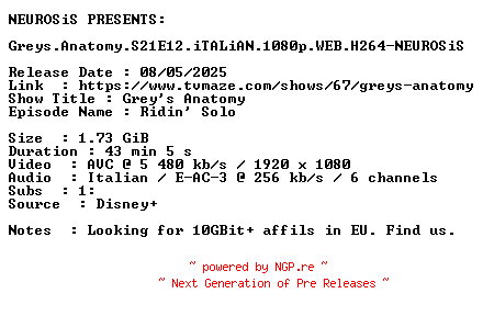 NFO for the release Greys.Anatomy.S21E12.iTALiAN.1080p.WEB.H264-NEUROSiS by NEUROSiS