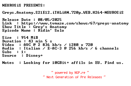 NFO for the release Greys.Anatomy.S21E12.iTALiAN.720p.WEB.H264-NEUROSiS by NEUROSiS