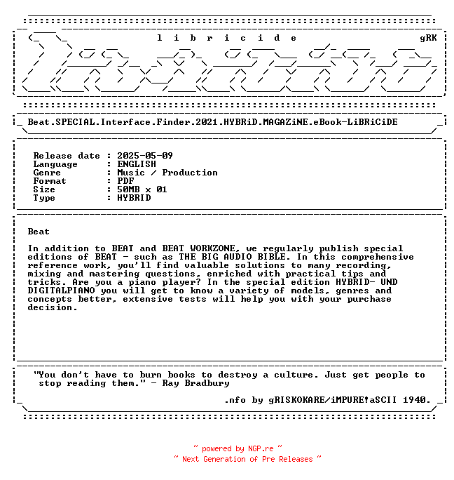 NFO for the release Beat.SPECIAL.Interface.Finder.2021.HYBRiD.MAGAZiNE.eBook-LiBRiCiDE by LiBRiCiDE