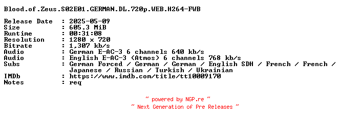 NFO for the release Blood.of.Zeus.S02E01.GERMAN.DL.720p.WEB.H264-FWB by FWB