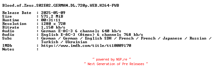 NFO for the release Blood.of.Zeus.S02E02.GERMAN.DL.720p.WEB.H264-FWB by FWB