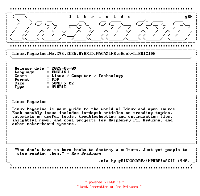 NFO for the release Linux.Magazine.No.295.2025.HYBRiD.MAGAZiNE.eBook-LiBRiCiDE by LiBRiCiDE