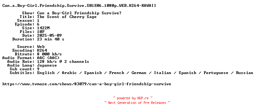 NFO for the release Can.a.Boy-Girl.Friendship.Survive.S01E06.1080p.WEB.H264-KAWAII by KAWAII