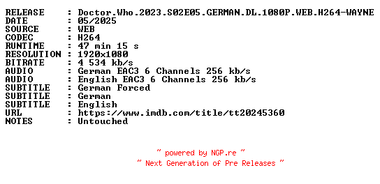 NFO for the release Doctor.Who.2023.S02E05.GERMAN.DL.1080P.WEB.H264-WAYNE by WAYNE