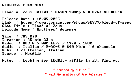 NFO for the release Blood.of.Zeus.S03E04.iTALiAN.1080p.WEB.H264-NEUROSiS by NEUROSiS