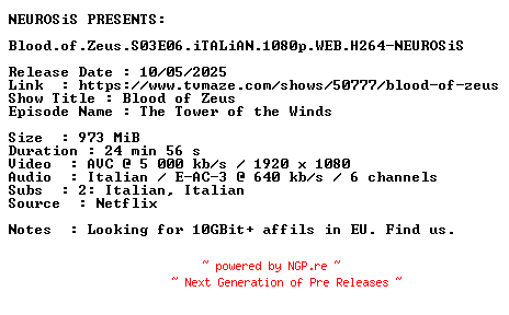 NFO for the release Blood.of.Zeus.S03E06.iTALiAN.1080p.WEB.H264-NEUROSiS by NEUROSiS