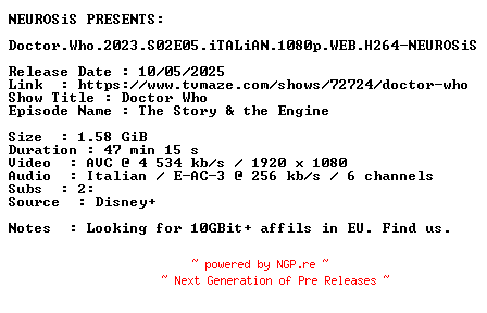 NFO for the release Doctor.Who.2023.S02E05.iTALiAN.1080p.WEB.H264-NEUROSiS by NEUROSiS