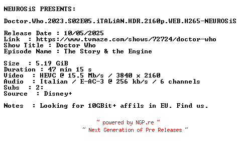 NFO for the release Doctor.Who.2023.S02E05.iTALiAN.HDR.2160p.WEB.H265-NEUROSiS by NEUROSiS