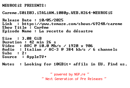 NFO for the release Careme.S01E03.iTALiAN.1080p.WEB.H264-NEUROSiS by NEUROSiS