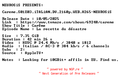 NFO for the release Careme.S01E03.iTALiAN.DV.2160p.WEB.H265-NEUROSiS by NEUROSiS