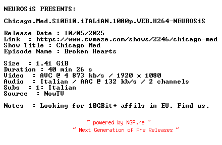 NFO for the release Chicago.Med.S10E10.iTALiAN.1080p.WEB.H264-NEUROSiS by NEUROSiS