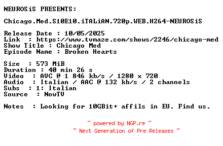 NFO for the release Chicago.Med.S10E10.iTALiAN.720p.WEB.H264-NEUROSiS by NEUROSiS