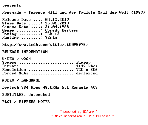 NFO for the release Renegade.1987.German.BDRip.x264.iNTERNAL-KULTFiLME by KULTFiLME