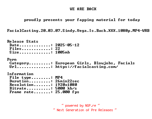 NFO for the release FacialCasting.20.03.07.Sindy.Vega.Is.Back.XXX.1080p.MP4-WRB by WRB