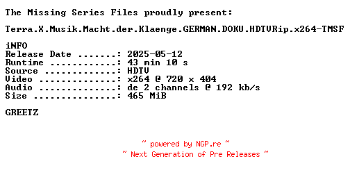 NFO for the release Terra.X.Musik.Macht.der.Klaenge.GERMAN.DOKU.HDTVRip.x264-TMSF by TMSF