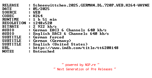 NFO for the release Schneewittchen.2025.GERMAN.DL.720P.WEB.H264-WAYNE by WAYNE
