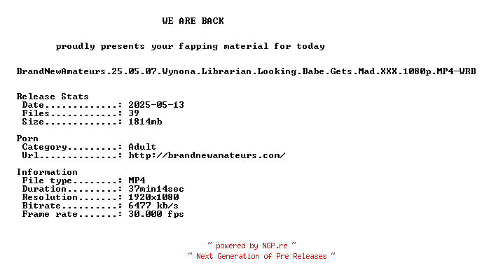 NFO for the release BrandNewAmateurs.25.05.07.Wynona.Librarian.Looking.Babe.Gets.Mad.XXX.1080p.MP4-WRB by WRB