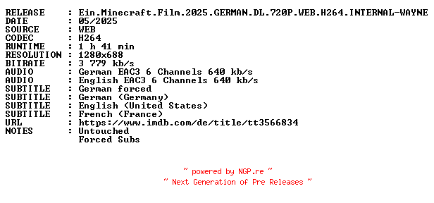 NFO for the release Ein.Minecraft.Film.2025.GERMAN.DL.720P.WEB.H264.INTERNAL-WAYNE by WAYNE