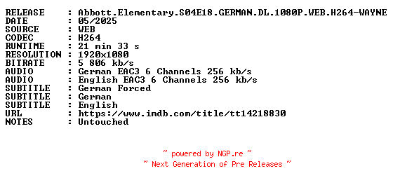 NFO for the release Abbott.Elementary.S04E18.GERMAN.DL.1080P.WEB.H264-WAYNE by WAYNE