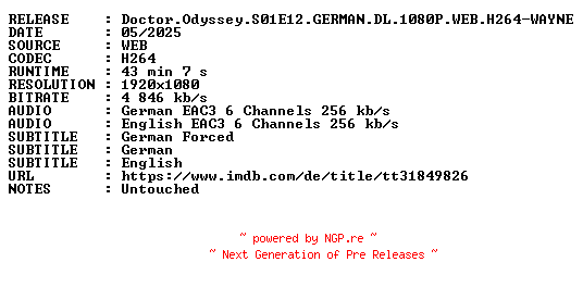 NFO for the release Doctor.Odyssey.S01E12.GERMAN.DL.1080P.WEB.H264-WAYNE by WAYNE