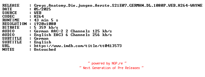 NFO for the release Greys.Anatomy.Die.jungen.Aerzte.S21E07.GERMAN.DL.1080P.WEB.H264-WAYNE by WAYNE