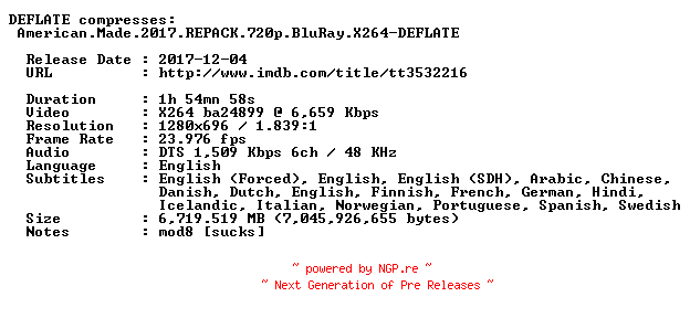 NFO for the release American.Made.2017.REPACK.720p.BluRay.X264-DEFLATE by DEFLATE