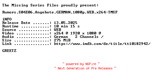 NFO for the release Rumors.S04E06.Angebote.GERMAN.1080p.WEB.x264-TMSF by TMSF
