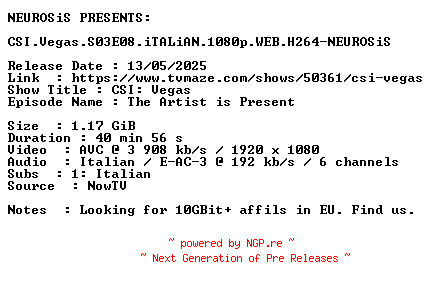 NFO for the release CSI.Vegas.S03E08.iTALiAN.1080p.WEB.H264-NEUROSiS by NEUROSiS