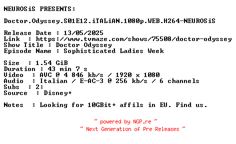 NFO for the release Doctor.Odyssey.S01E12.iTALiAN.1080p.WEB.H264-NEUROSiS by NEUROSiS