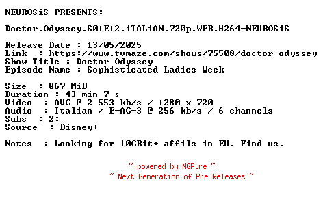 NFO for the release Doctor.Odyssey.S01E12.iTALiAN.720p.WEB.H264-NEUROSiS by NEUROSiS