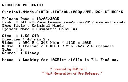 NFO for the release Criminal.Minds.S18E01.iTALiAN.1080p.WEB.H264-NEUROSiS by NEUROSiS