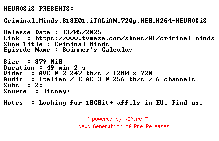 NFO for the release Criminal.Minds.S18E01.iTALiAN.720p.WEB.H264-NEUROSiS by NEUROSiS