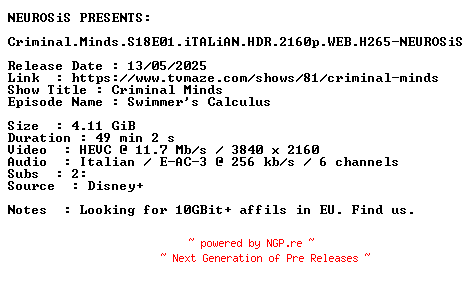 NFO for the release Criminal.Minds.S18E01.iTALiAN.HDR.2160p.WEB.H265-NEUROSiS by NEUROSiS