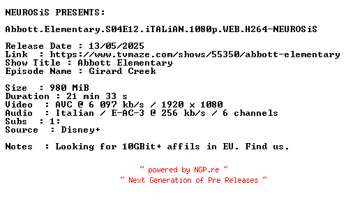NFO for the release Abbott.Elementary.S04E12.iTALiAN.1080p.WEB.H264-NEUROSiS by NEUROSiS