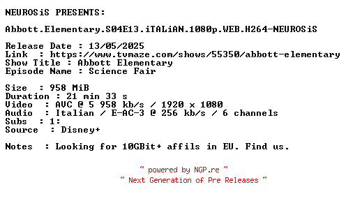 NFO for the release Abbott.Elementary.S04E13.iTALiAN.1080p.WEB.H264-NEUROSiS by NEUROSiS