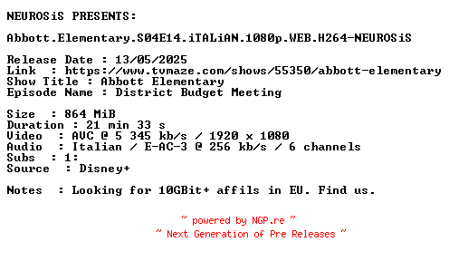 NFO for the release Abbott.Elementary.S04E14.iTALiAN.1080p.WEB.H264-NEUROSiS by NEUROSiS