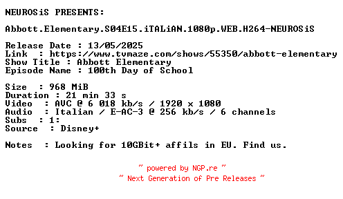 NFO for the release Abbott.Elementary.S04E15.iTALiAN.1080p.WEB.H264-NEUROSiS by NEUROSiS