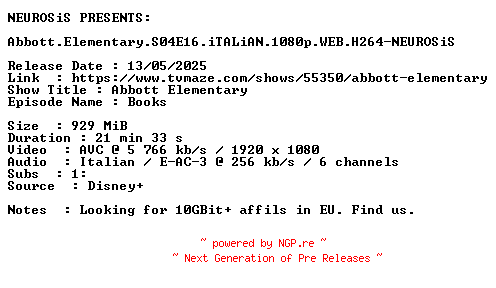 NFO for the release Abbott.Elementary.S04E16.iTALiAN.1080p.WEB.H264-NEUROSiS by NEUROSiS
