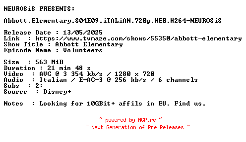 NFO for the release Abbott.Elementary.S04E09.iTALiAN.720p.WEB.H264-NEUROSiS by NEUROSiS